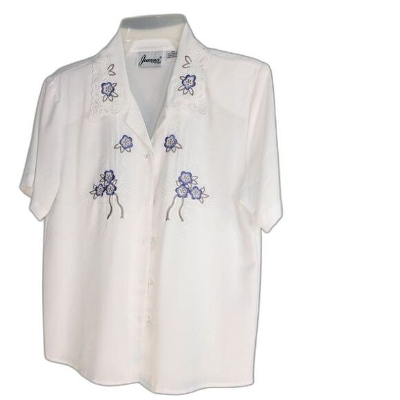 Vintage Joanna White Floral Embroidered Button Up Short Sleeve Blouse Sz S - Picture 2 of 5
